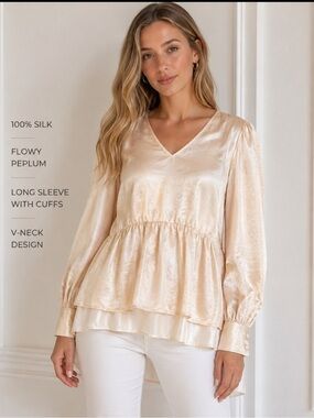 LaRoque Silk Off Shoulder Blouse Champagne Long Sleeve Top Size S